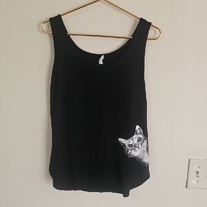 Black Tank Top with Cat Print